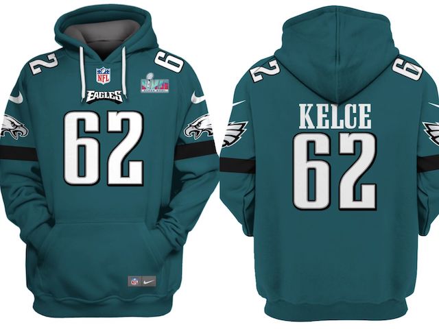 Men's Philadelphia Eagles #62 Jason Kelce White Super Bowl LVII Patch Pullover Hoodie